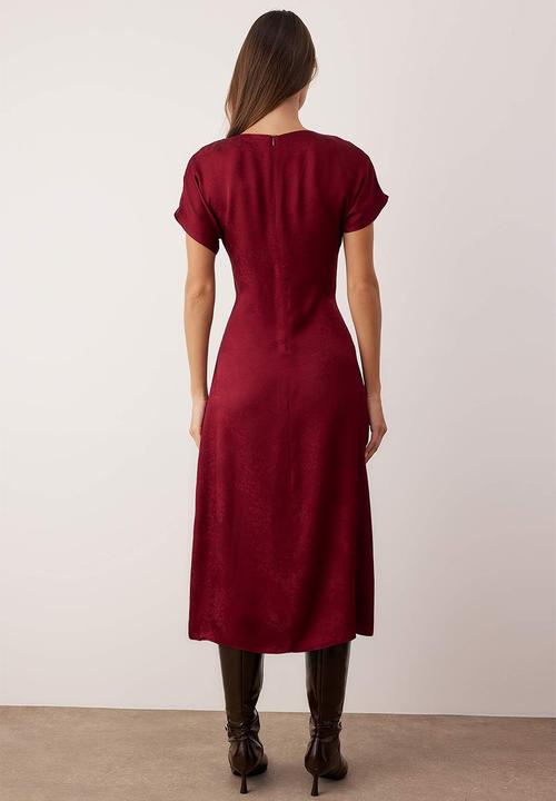 Trendyol - Plain Jacquard Midi Woven Dress - Burgundy