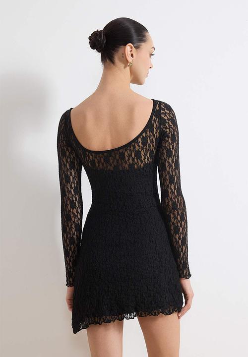 Trendyol - Backless Asymmetrical Detail Mini Lace Stretchy Knitted Dress - Black