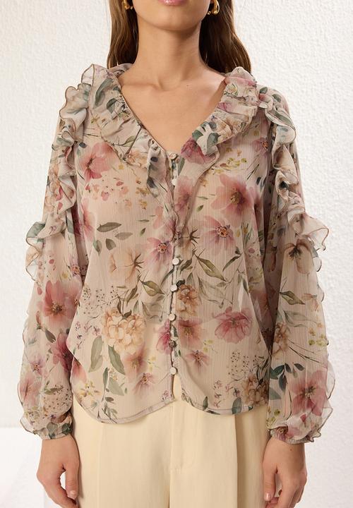Trendyol - Boho Floral Ruffled Woven Shirt - Multi