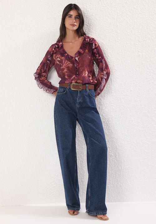 Trendyol - Boho Floral Ruffled Woven Shirt - Plum