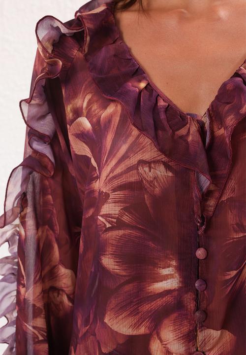 Trendyol - Boho Floral Ruffled Woven Shirt - Plum