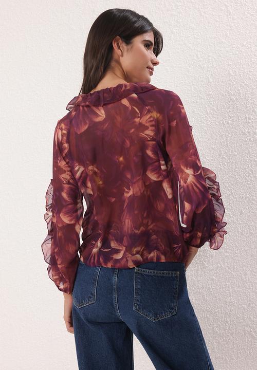 Trendyol - Boho Floral Ruffled Woven Shirt - Plum
