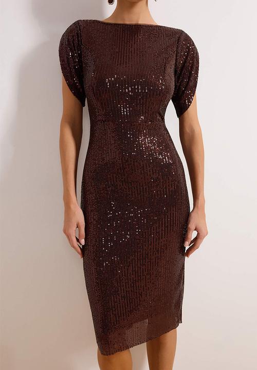 Trendyol - Glitter Knitted Evening Dres - Brown