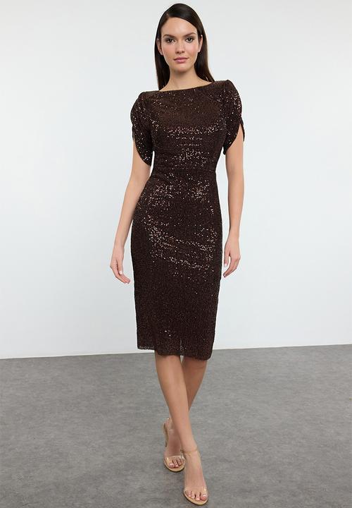 Trendyol - Glitter Knitted Evening Dres - Brown
