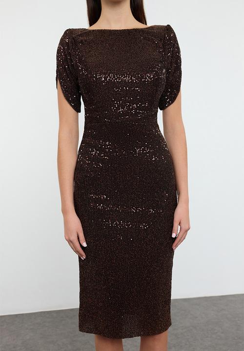 Trendyol - Glitter Knitted Evening Dres - Brown