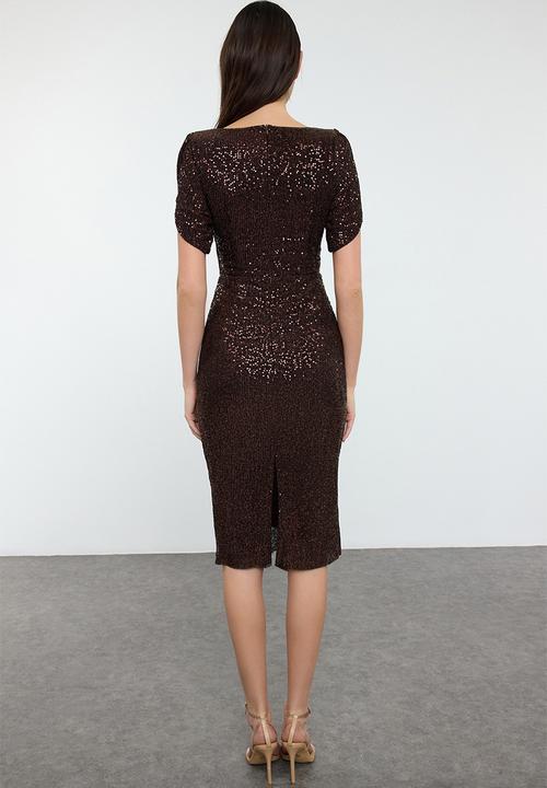 Trendyol - Glitter Knitted Evening Dres - Brown