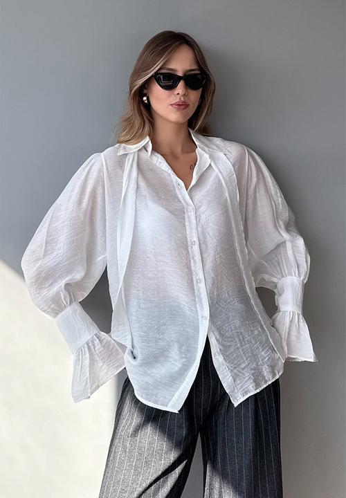 Trendyol - Binding Detail Boho Shirt - White
