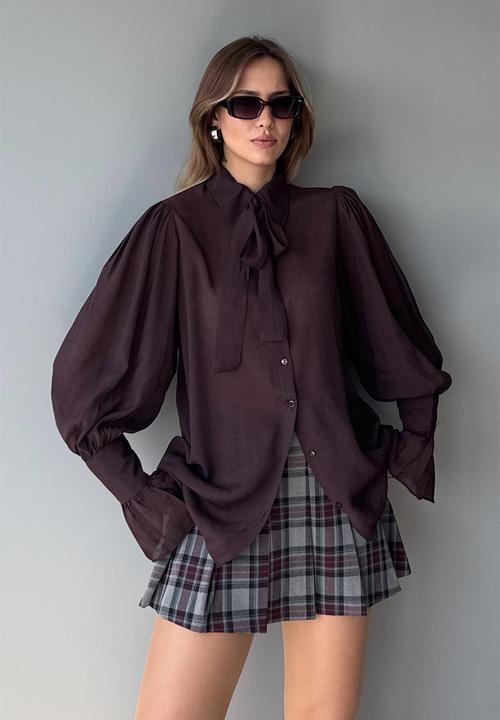 Trendyol - Tie Detail Boho Shirt - Burgundy