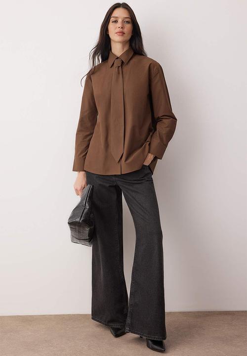Trendyol - Tie Wide Cut Shirt - Brown