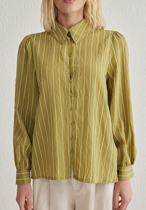 Trendyol - Back Tie Detailed Striped Button Regular Fit Woven Shirt - Khaki