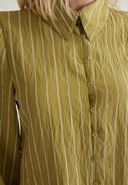 Trendyol - Back Tie Detailed Striped Button Regular Fit Woven Shirt - Khaki