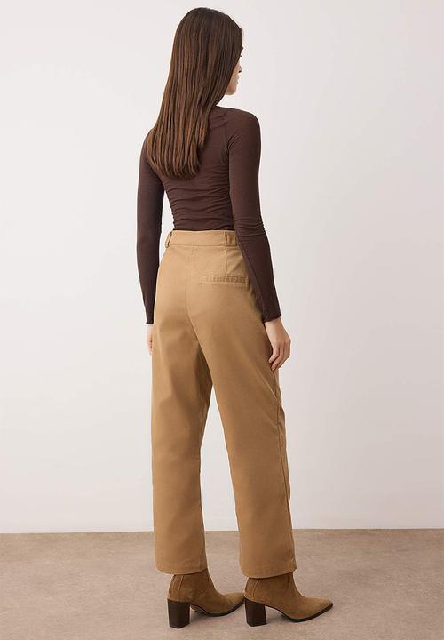 Trendyol - Velvet Straight Leg Trousers - Beige Brown