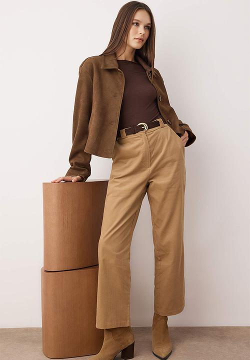 Trendyol - Velvet Straight Leg Trousers - Beige Brown