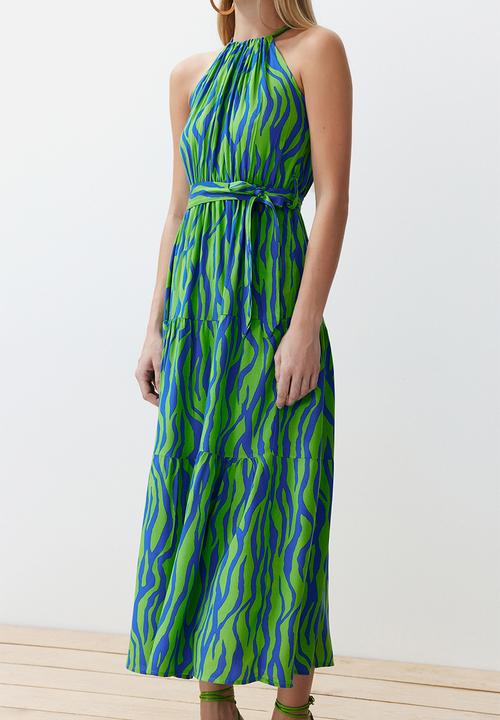 Trendyol - Animal Shift Halter Maxi Woven Dress - Blue & Green