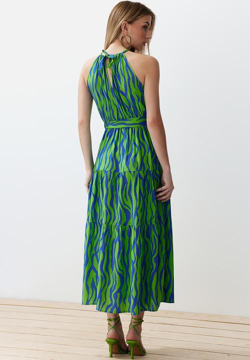 Trendyol - Animal Shift Halter Maxi Woven Dress - Blue & Green
