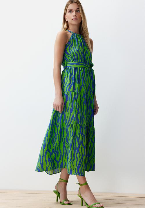 Trendyol - Animal Shift Halter Maxi Woven Dress - Blue & Green