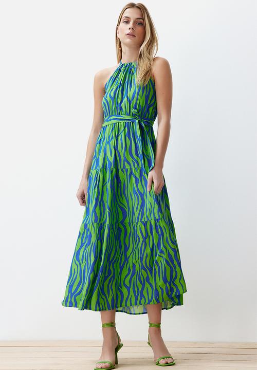 Trendyol - Animal Shift Halter Maxi Woven Dress - Blue & Green