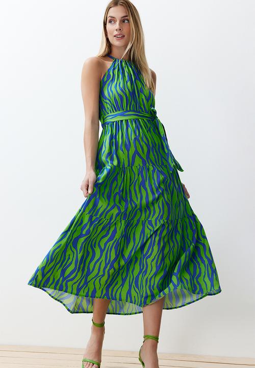 Trendyol - Animal Shift Halter Maxi Woven Dress - Blue & Green