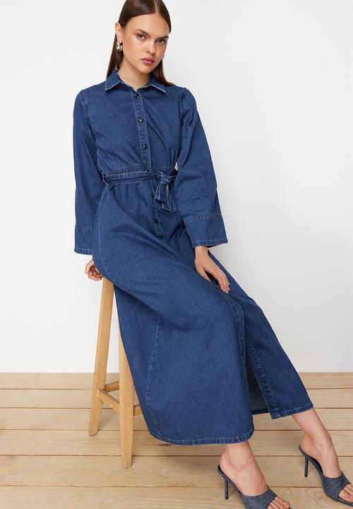 Trendyol - Belted Maxi Denim Shirt Dress - Dark Blue