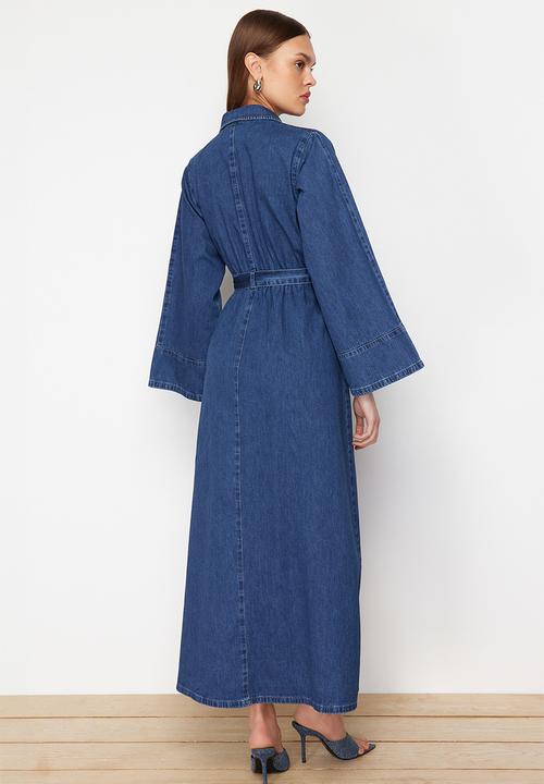 Trendyol - Belted Maxi Denim Shirt Dress - Dark Blue