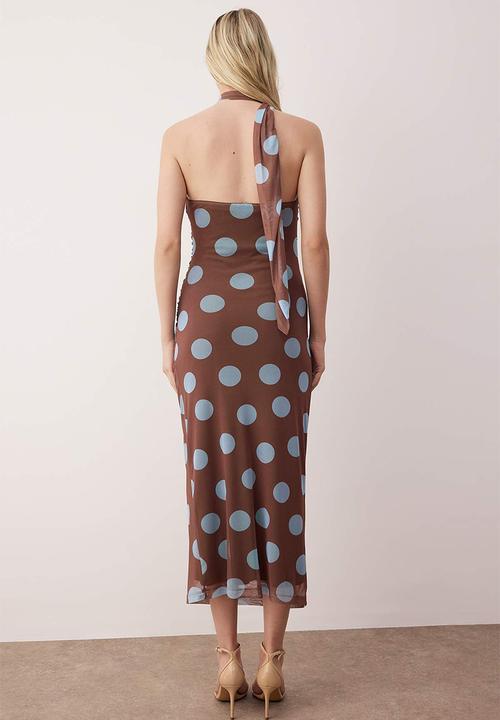 Trendyol - Dress with Blue Polka Dots and Halter Detail - Dark Brown