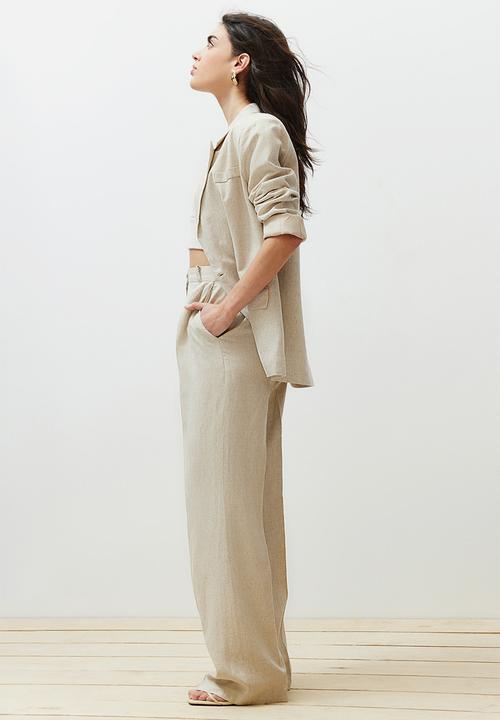 Trendyol - Linen Blend Wide Leg Trousers - Beige