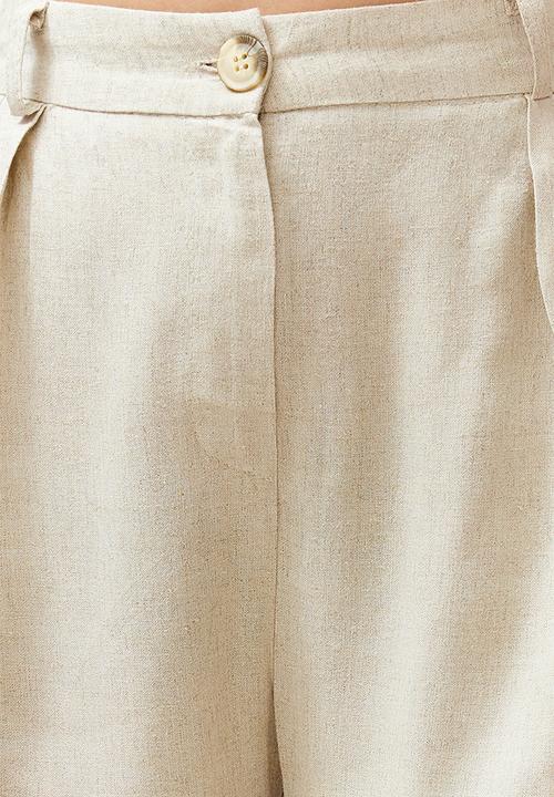 Trendyol - Linen Blend Wide Leg Trousers - Beige
