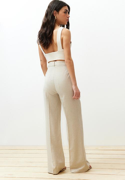 Trendyol - Linen Blend Wide Leg Trousers - Beige
