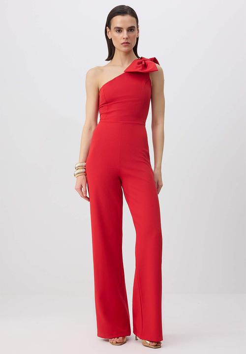 Trendyol - Plain Asymmetric Collar Sleeveless Bow Woven Finike Stylish/Night Jumpsuit - Red