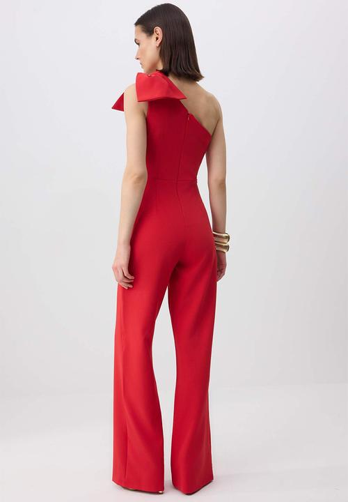 Trendyol - Plain Asymmetric Collar Sleeveless Bow Woven Finike Stylish/Night Jumpsuit - Red