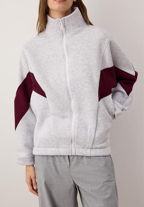 Trendyol - Oversize Bomber Knitted Sweatshirt - Gray Burgundy