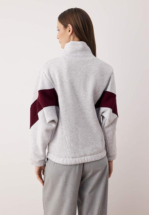 Trendyol - Oversize Bomber Knitted Sweatshirt - Gray Burgundy