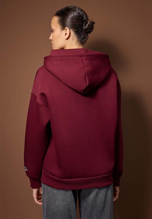 Trendyol - Oversize Wide Fit Hooded Knitted Sweatshirt - Burgundy