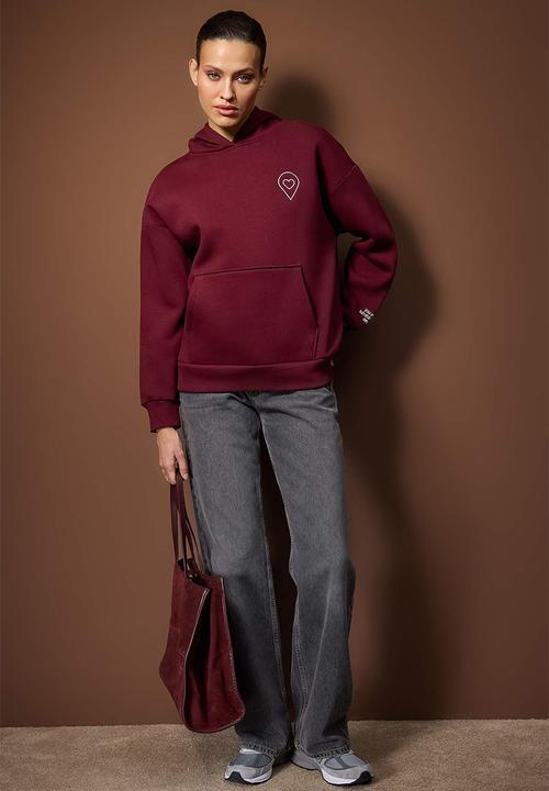 Trendyol - Oversize Wide Fit Hooded Knitted Sweatshirt - Burgundy
