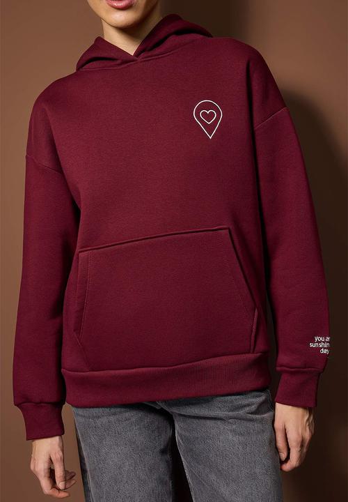 Trendyol - Oversize Wide Fit Hooded Knitted Sweatshirt - Burgundy