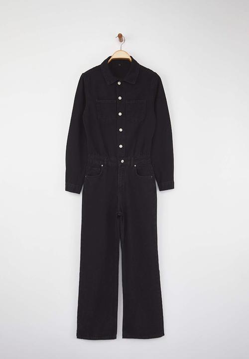 Trendyol - Shirt Collar Wide Leg Denim Overalls - Black