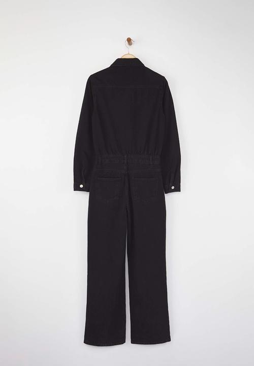 Trendyol - Shirt Collar Wide Leg Denim Overalls - Black