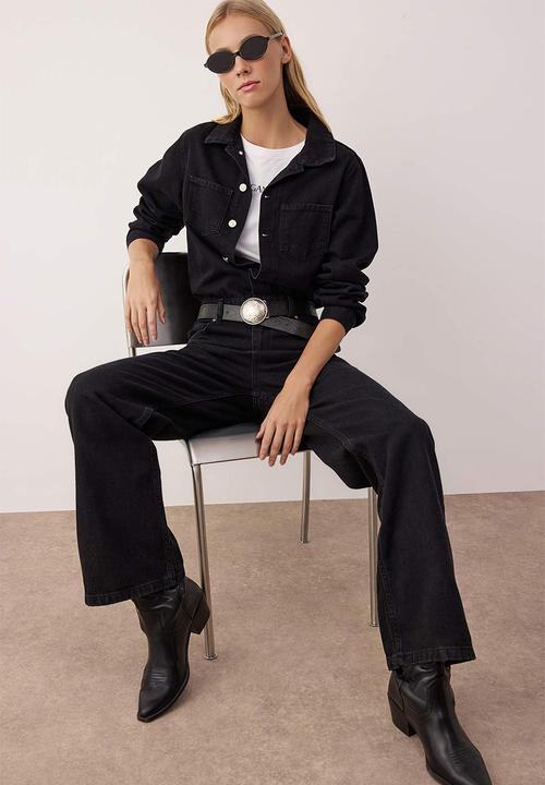 Trendyol - Shirt Collar Wide Leg Denim Overalls - Black