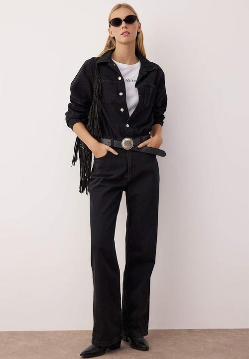 Trendyol - Shirt Collar Wide Leg Denim Overalls - Black