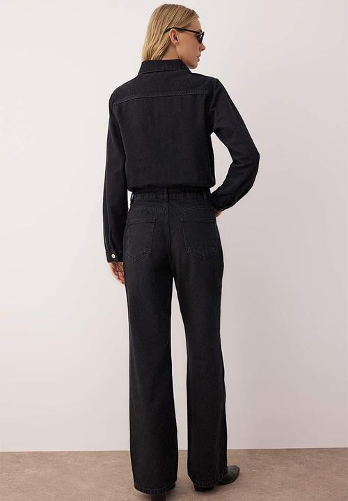 Trendyol - Shirt Collar Wide Leg Denim Overalls - Black