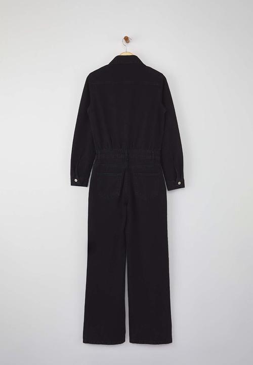Trendyol - Shirt Collar Wide Leg Denim Overalls - Black