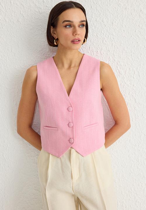 Trendyol - Regular Striped Cotton Linen Crop Woven Vest - Light Pink