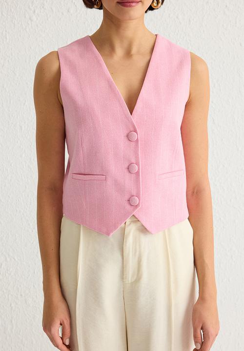 Trendyol - Regular Striped Cotton Linen Crop Woven Vest - Light Pink