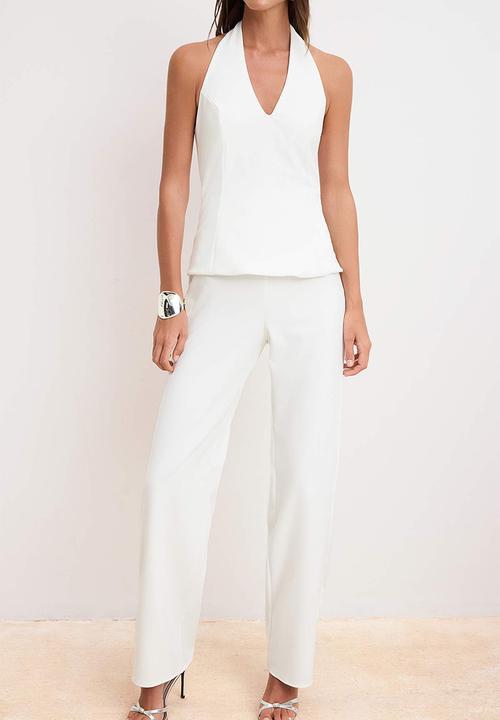 Trendyol - Plain V-Neck Sleeveless Woven Finike Stylish/Night Jumpsuit - Ecru