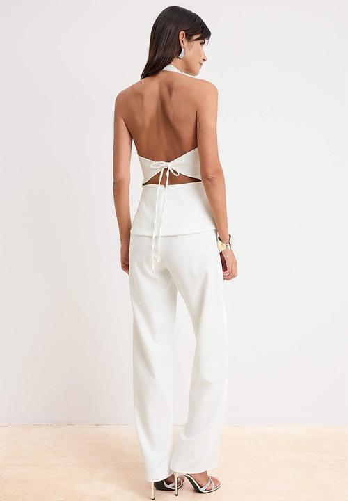 Trendyol - Plain V-Neck Sleeveless Woven Finike Stylish/Night Jumpsuit - Ecru