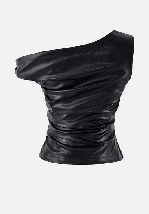 Trendyol - Asymmetric Faux Leather Blouse - Black