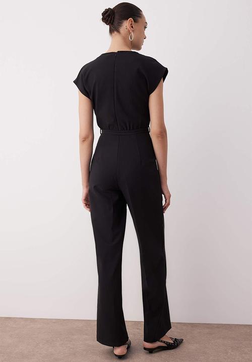 Trendyol - Belted Wide Leg Detachable Collar Jumpsuit - Black
