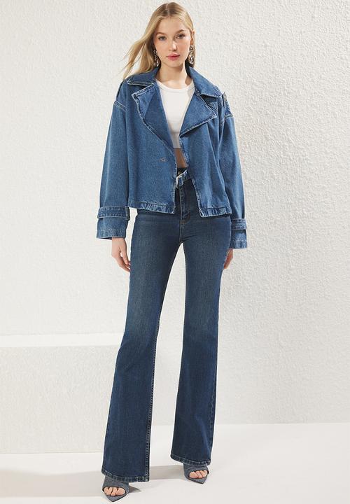 Trendyol - Double Breasted Belt Buckle Oversize Denim Blazer Jacket - Blue