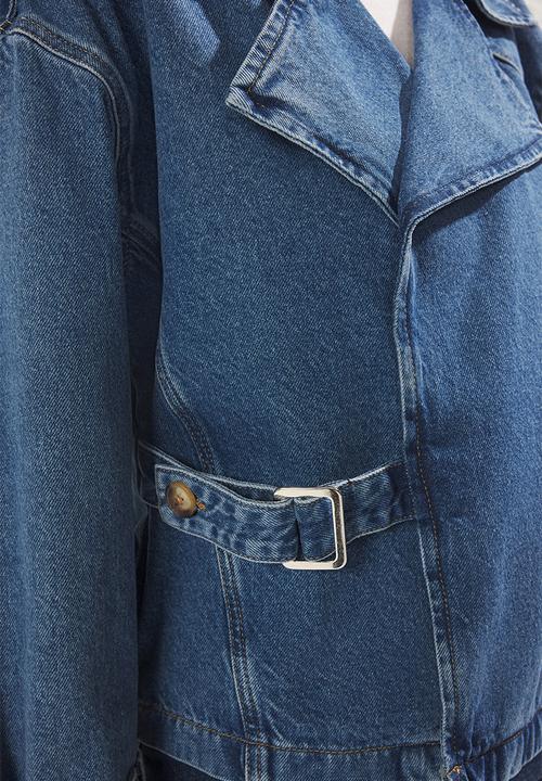 Trendyol - Double Breasted Belt Buckle Oversize Denim Blazer Jacket - Blue