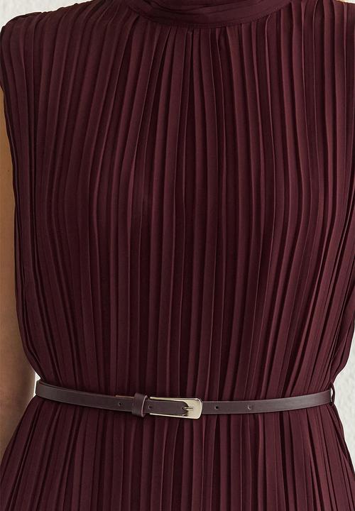 Trendyol - Chiffon Midi Dress with Belt - Burgundy
